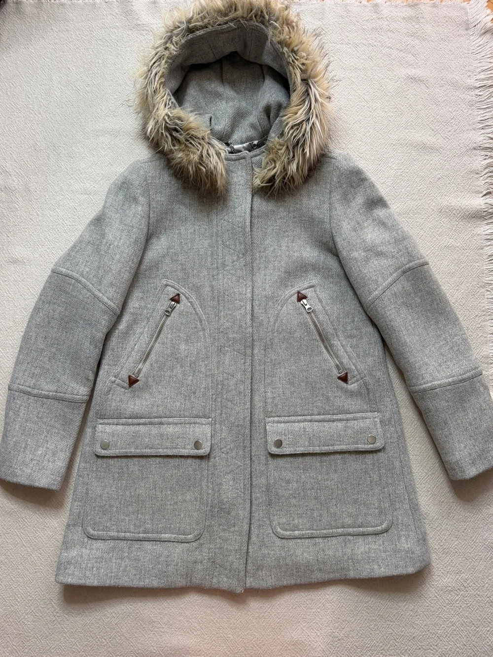 JCREW Chateau Parka Grey Wool Coat 6 Hooded Duffel Jacket Preppy Fall Faux Fur